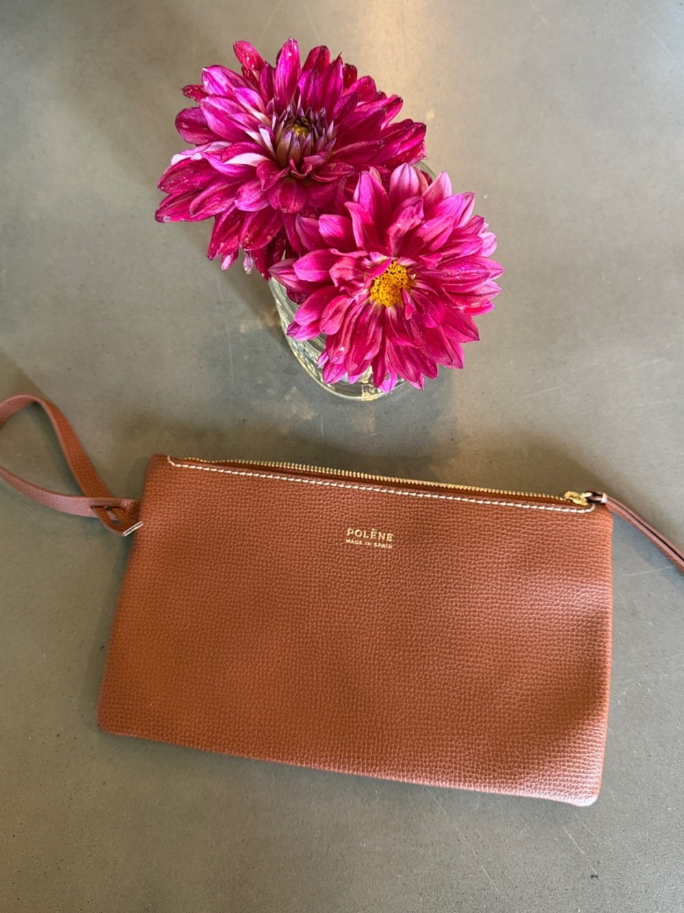 Polène Tan Pebbled Leather Wristlet Clutch